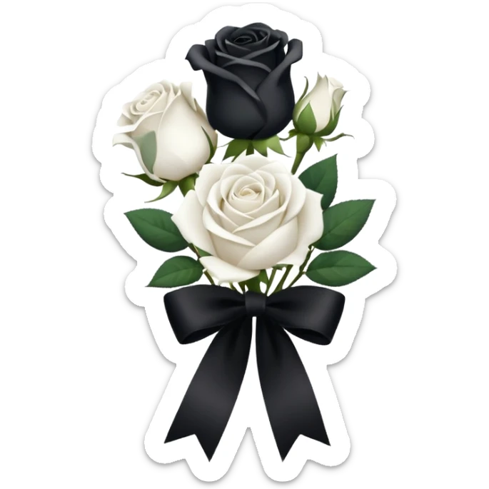 a bunch of white roses tied with a black velvet ribbon sticker