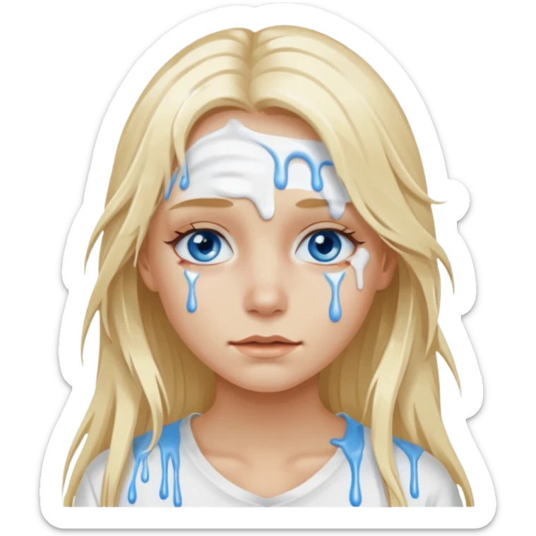 Blonde blue-eyed long hair girl emoji with white paint all over its face dripping  sticker