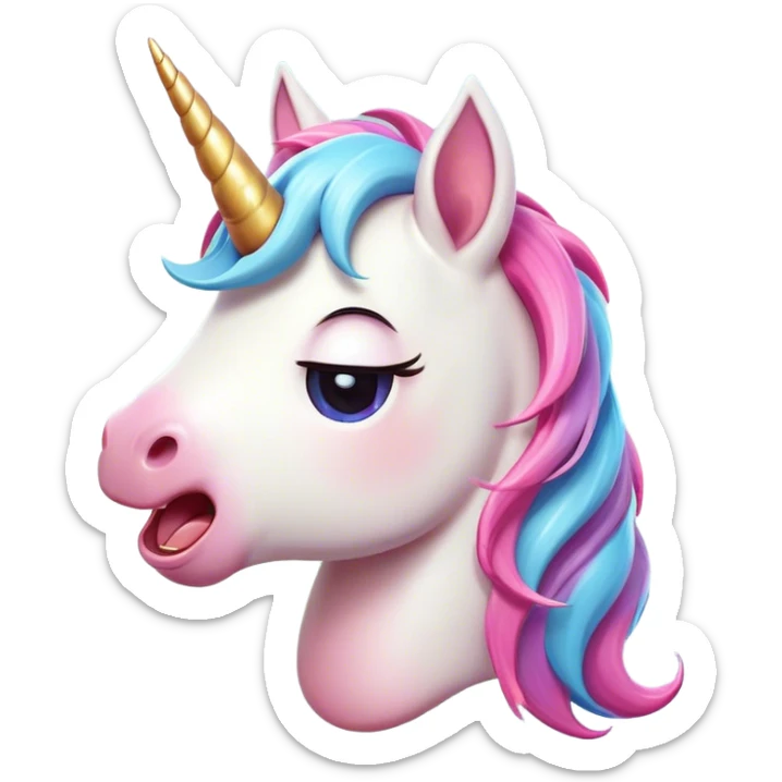 Cinematic Cute Yawning Unicorn Pony Portrait Emoji, Head tilted slightly with a dramatic, wide-open yawn, showcasing a petite, softly glowing form with a gently drooping mane, a subtle, shimmering horn and sleepy, half-closed eyes, Simplified yet irresistibly adorable features, highly detailed, glowing with a soft, cozy pastel glow, high shine, relaxed yet expressive, stylized with a dash of whimsical enchantment, soft glowing outline, capturing the essence of a drowsy yet affectionate unicorn pony that appears ready to stretch and yawn its way off the screen! sticker