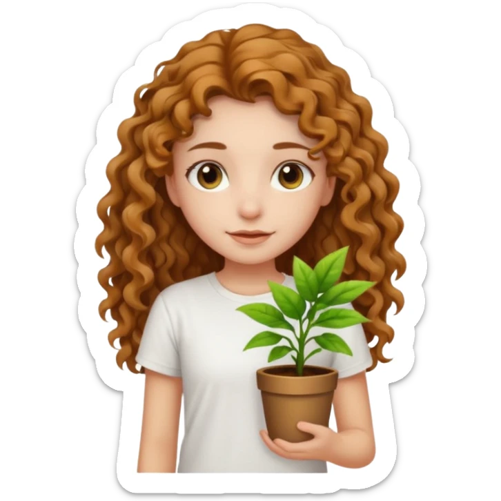 Girl with long light brown light curly hair and white t-shirt with plant sticker