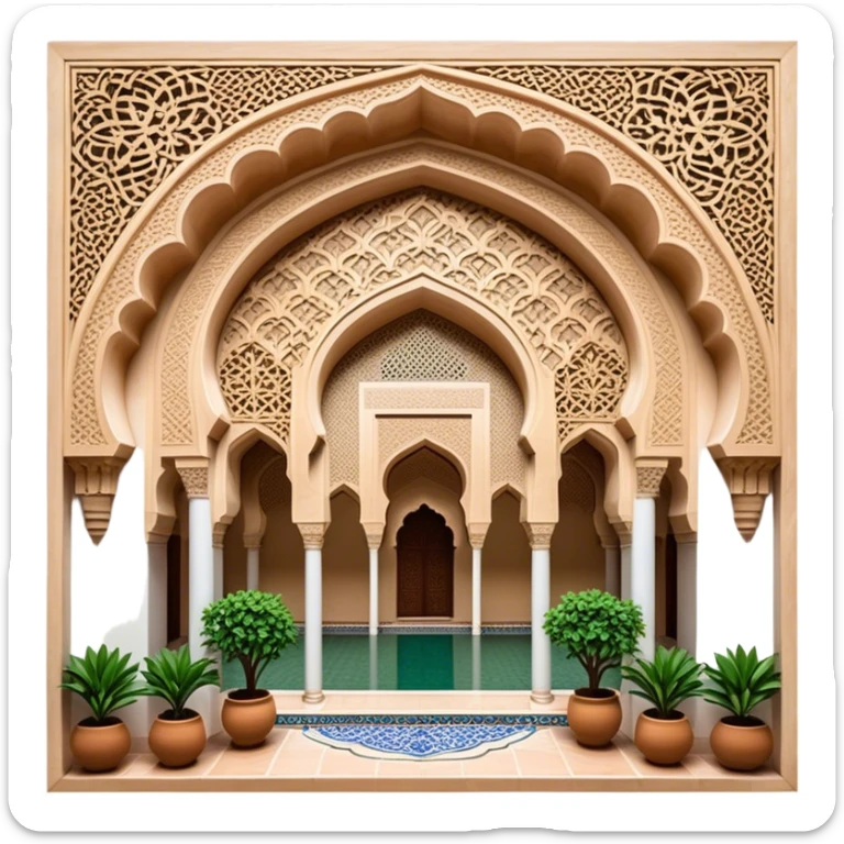 Alhambra – Cinematic Realistic Alhambra, depicted as a majestic Moorish palace with intricately carved arches, lush courtyards, and detailed tile work, bathed in soft golden light and dynamic shadows that highlight its opulent historical beauty. sticker