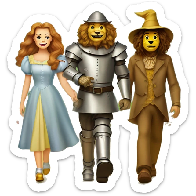 Dorthy, cowardly lion, tin man, and scarecrow walking down the yellow brick road sticker
