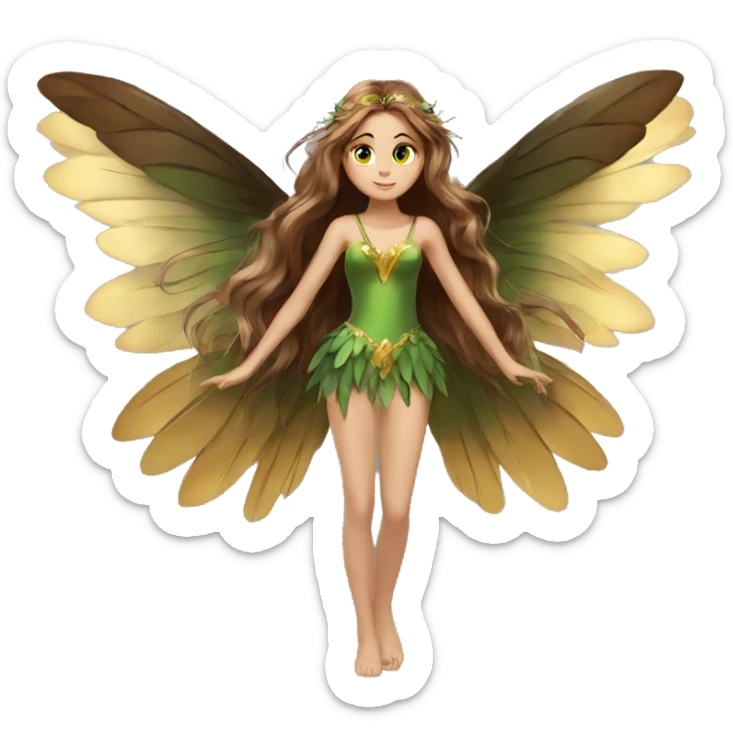 big wings, Beautiful, fairy, gold, brown, dark green, green, long hair sticker