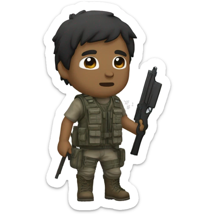 homem chibi survival mostrando as costas olhando para o lado, vestido de caçador inspirado em dayz, fardamento brasileiro, backround pos apocalíptico  sticker