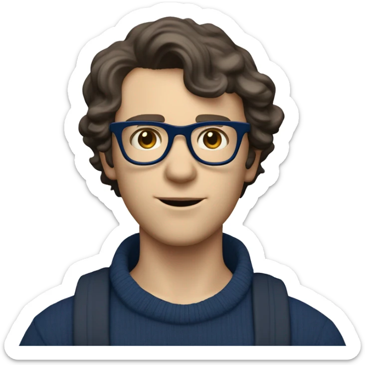 caucasian white boy with dark wavy  hair, blue glasses, and carrying design paper plan because he is an architect carrying a pencil and a set model maquette. wearing a navy blue long sleeve sweater shirt. smart.  sticker