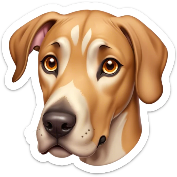 Cinematic Cute Fawn Great Dane Portrait Emoji, Head tilted playfully and inquisitively, showcasing a glossy fawn coat with a subtle luster, round, sparkling amber eyes filled with curiosity, Simplified yet irresistibly adorable features, highly detailed, glowing with a warm, friendly glow, high shine, affectionate and gentle, stylized with a touch of whimsy, bright and endearing, soft glowing outline, capturing the essence of a mischievous yet loving pup, so playful it feels like it could lumber out of the screen and into your arms! sticker