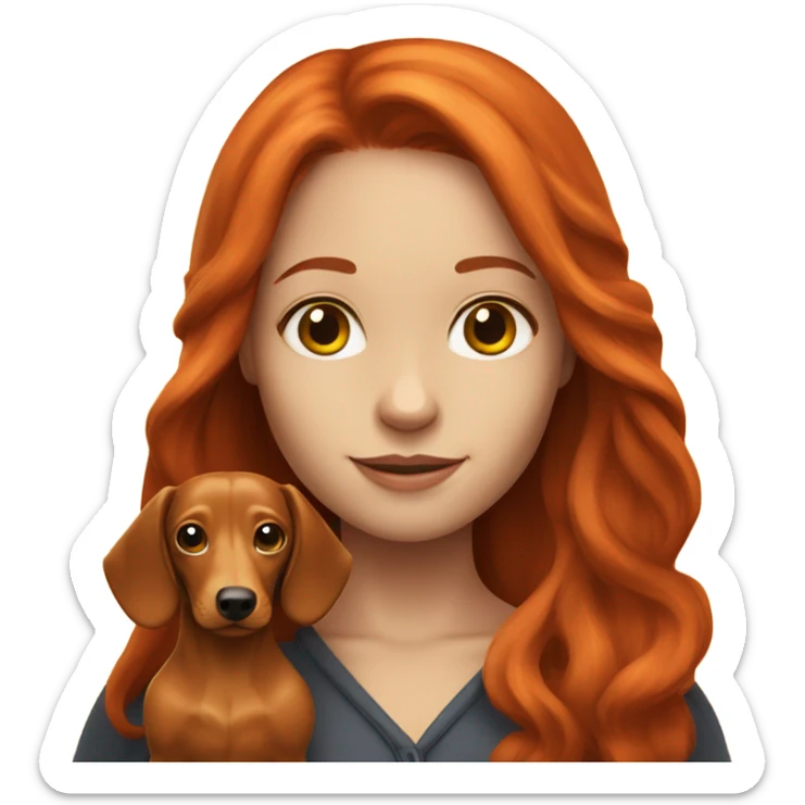A girl with long red hair holding a yellow long haired dachshund  sticker
