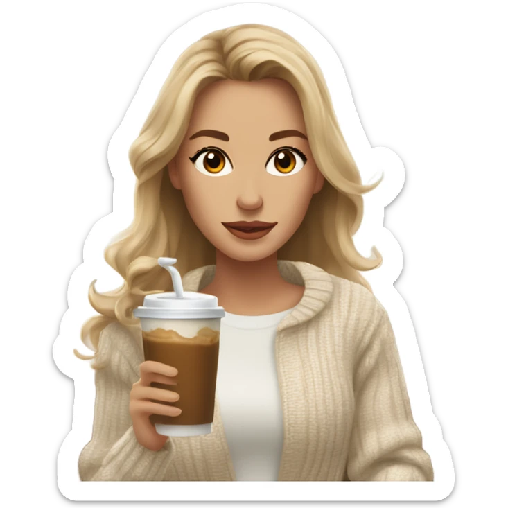 Waist up shot, Beautiful white woman mom, long light brown hair, brown eyes, cozy holding an iced coffee, white sweater sticker
