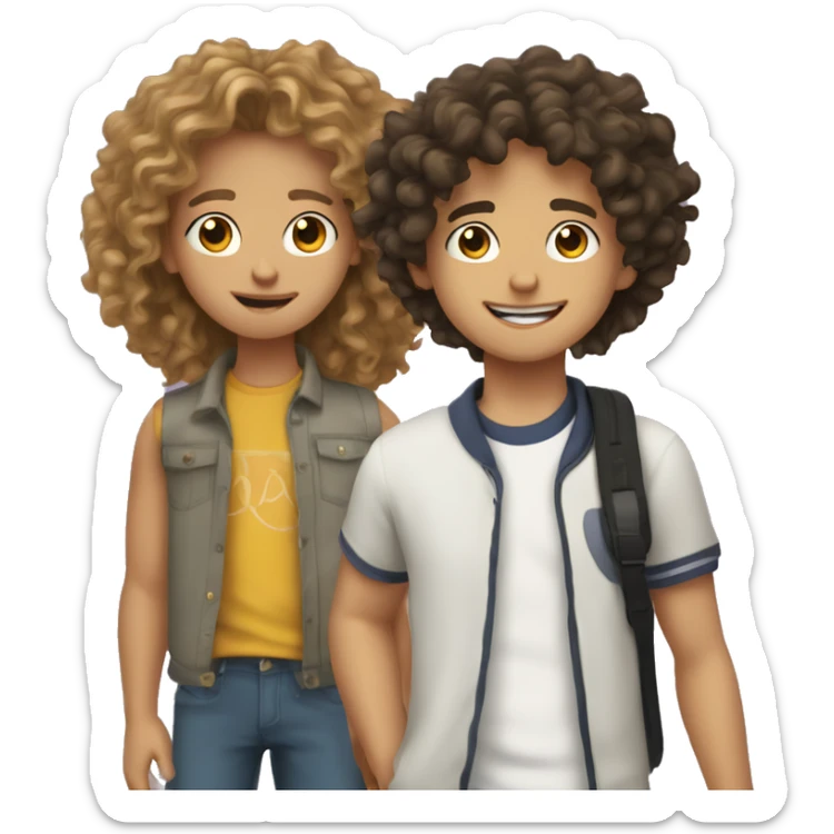 cartoon photo of both a mixed teen with curly hair and white teen boy with wavy hair ,  sticker