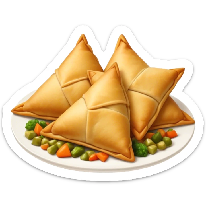 Cinematic Realistic Samosas Dish Emoji, depicted as golden, crispy pastry pockets filled with spiced vegetables rendered with detailed textures and appetizing lighting. sticker