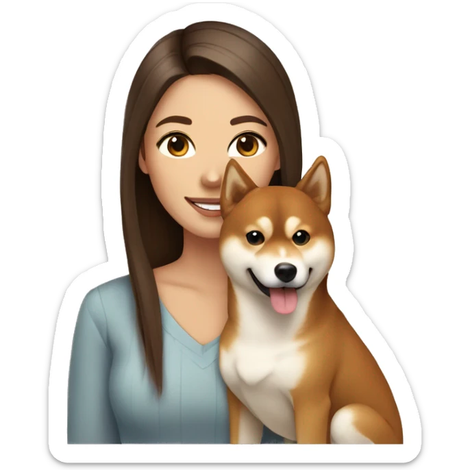 beautiful woman, straight long brown hair by, brown eyes smiling with dog Shiba Inu sticker