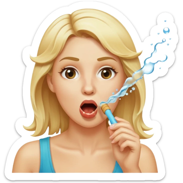 blond woman biting a skin-tone stick, water jet shooting from the stick into her mouth, surprised look sticker