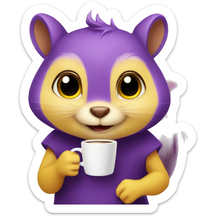 purple squirrel in a yellow dress with a mug of coffee in its paws sticker