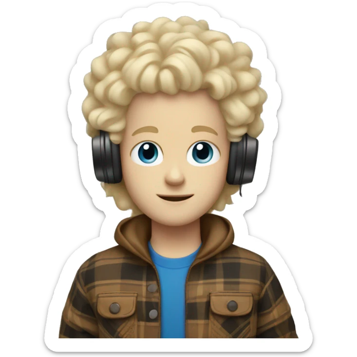 white kid with blonde fluffy hair with headphones and a plaid tan jacket on with blue eyes sticker