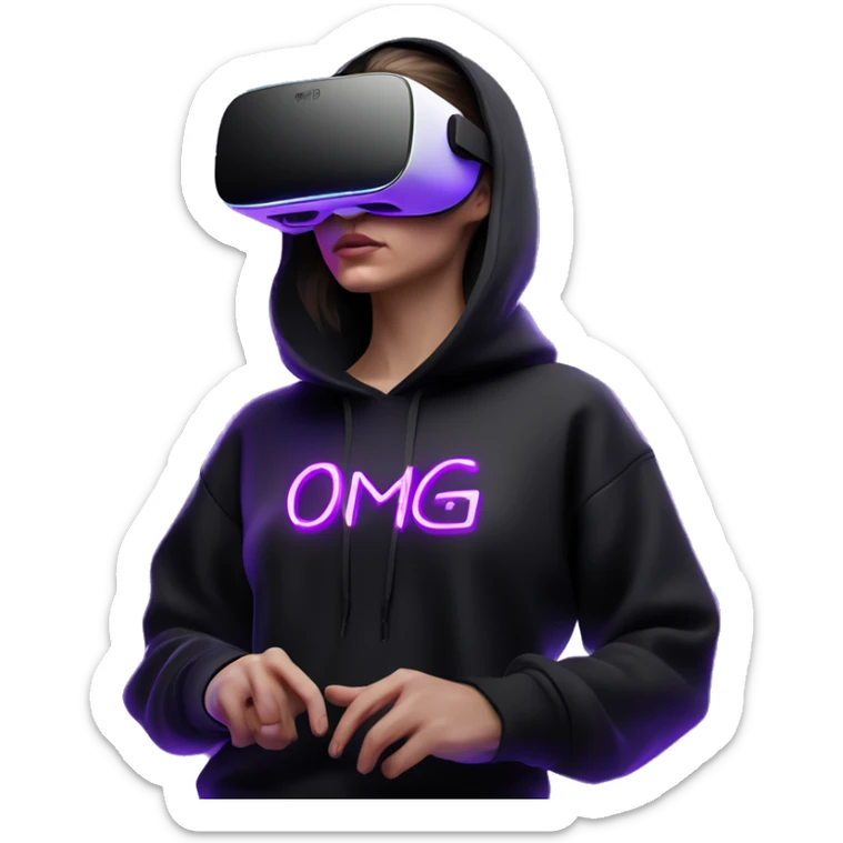 Russian girl wearing black hoody with violet letters "OMG", in vr headset oculus quest2. Standing like jedi. Cyberpunk style. Violet neon. sticker