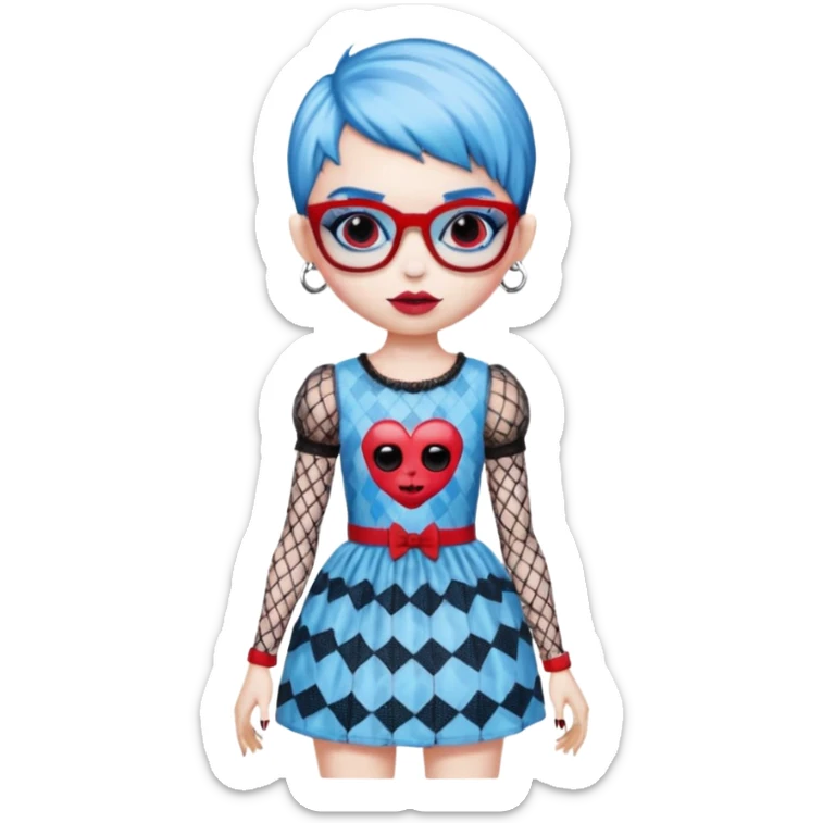 Ghoulia yelps monster high doll in scene/emo style cherry print dress with fishnet sleeves, clothes, thin, small, red, rectangle glasses, pale white-blue skin, pixie-cut sticker