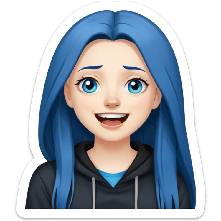 white girl with long straight dark blue hair wearing black hoodie blue eyes laughing hysterically and crying tears sticker