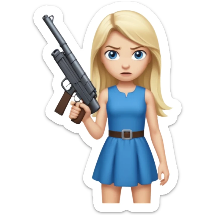 Beautiful  blue eye blonde Long Hair Gangsta girl in a short Dress Looks angry  with a big gun sticker