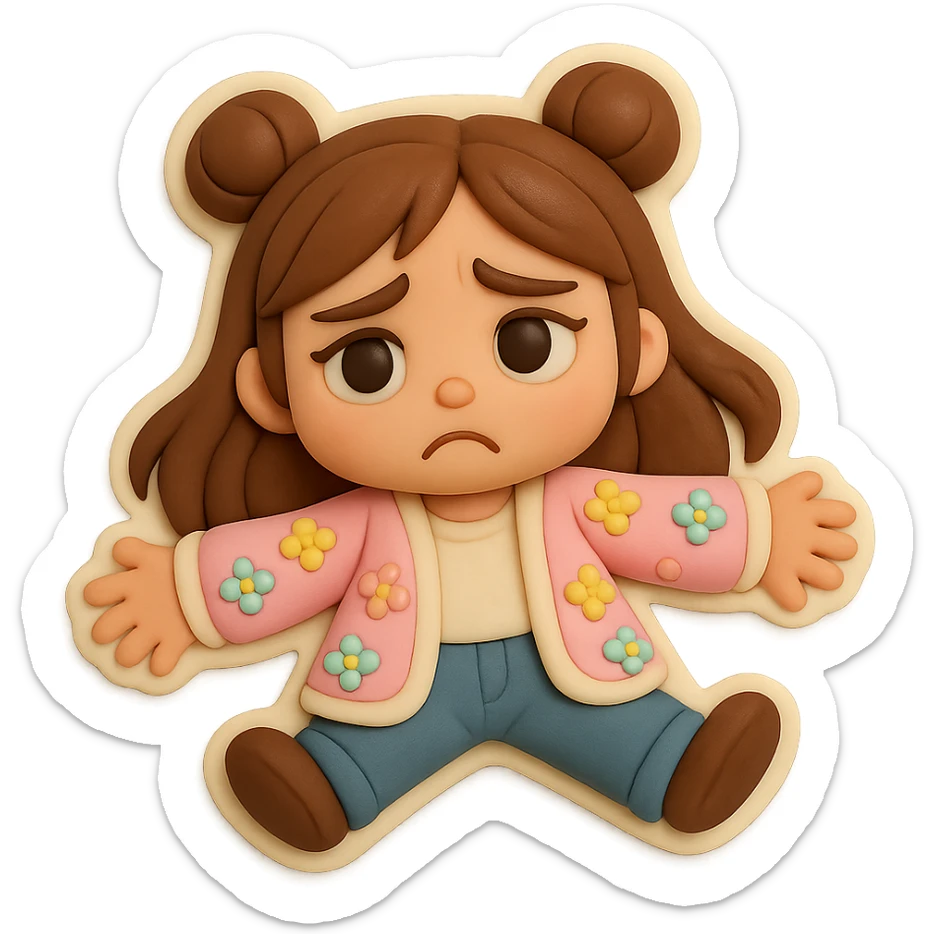3D chibi fondant cake art style, high-quality rendering with smooth shadows and soft gradients. Girl based on reference image with preserved facial features and eye shape, long brown hair in two space buns, brown eyes, jeans, pastel floral cardigan, thick white outline like a sticker, transparent background. Lying flat on the floor, arms spread, looking sad. Ensure the face, hairstyle, and eye shape match the reference exactly. sticker