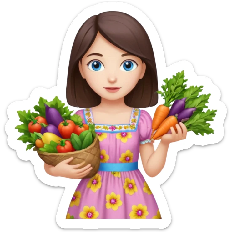 Turkish beautiful finish Konya girl blue eyes with floral pink and yellow lila dress and she had on her hand vegetables  sticker