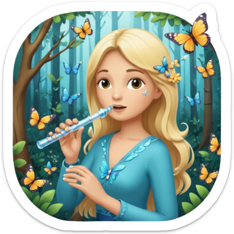 woodland sticker character, blonde woman playing crystal flute, butterflies around sticker