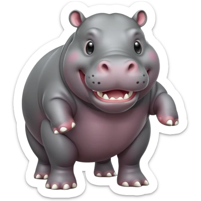 cinematic-hippo-realistic-full-body-side-view-standing-on-all-fours-emoji,-massive-round-frame,-wide-mouthed-grin-exposing-huge-teeth,-head-tilted-dramatically,-thick-grey-hide-glossy sticker