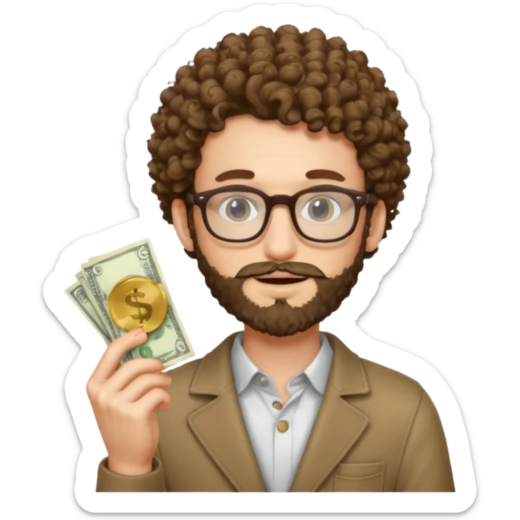 curly skinny guy with bear with glasses, with some money in the hands sticker