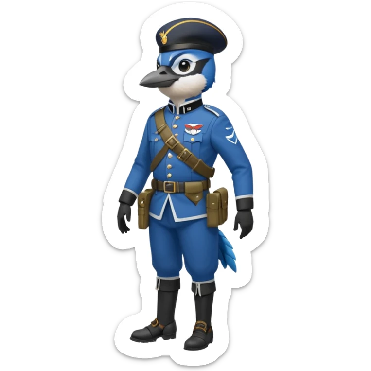 A bluejay bombadier, grenadier, military uniform, bandolier of grenades, bombs, side profile, feet included  sticker