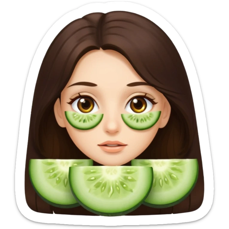 brunette girl with beautiful brown eyes and long hair, cucumber slices on eyes sticker