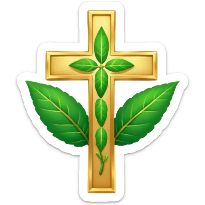 "A clean, friendly emoji of three vibrant green Tulsi (Holy Basil) leaves centered over a small, glowing golden cross or 'plus' sign, symbolizing healing. Simple, flat, 32x32 pixel icon style. Transparent background. Icon for natural healing and wellness." sticker