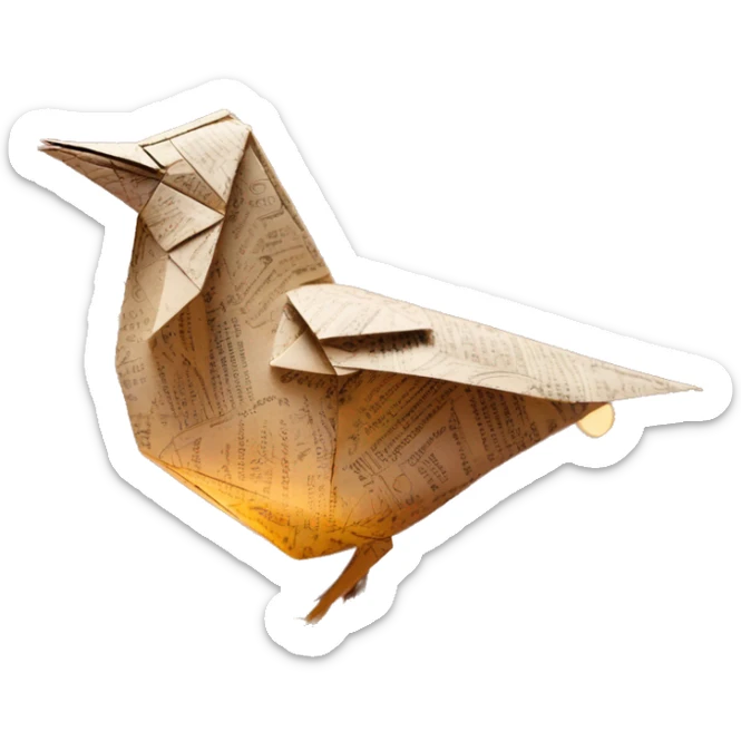 Sparkling patterned Beige Origami bird with a dried flower in beak made of newspapers intricate patterns surrounded by fairy lights sticker