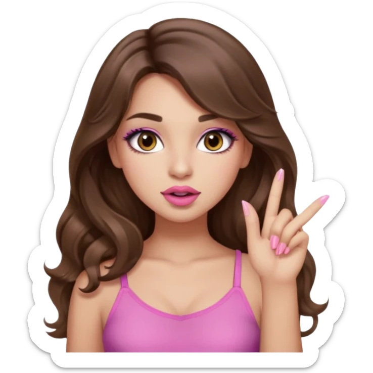 girl with long wavy brown hair, brown eyes, light to medium complexion, in a pink sexy top, pink lips, long lashes, silent motion with the hand one finger up by the mouth sticker
