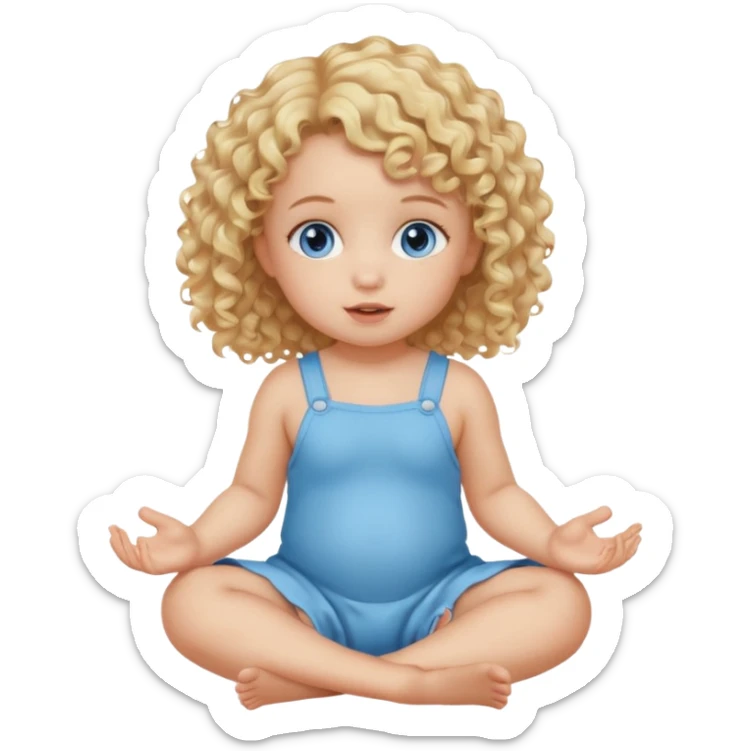 blonde curly hair blue eye baby girl sitting on the floor talking sticker
