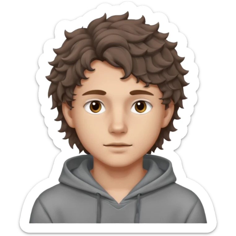 18 year old boy siren eyes good jawline with grey hoodie and long brown wavy curly wolf cut hair sticker