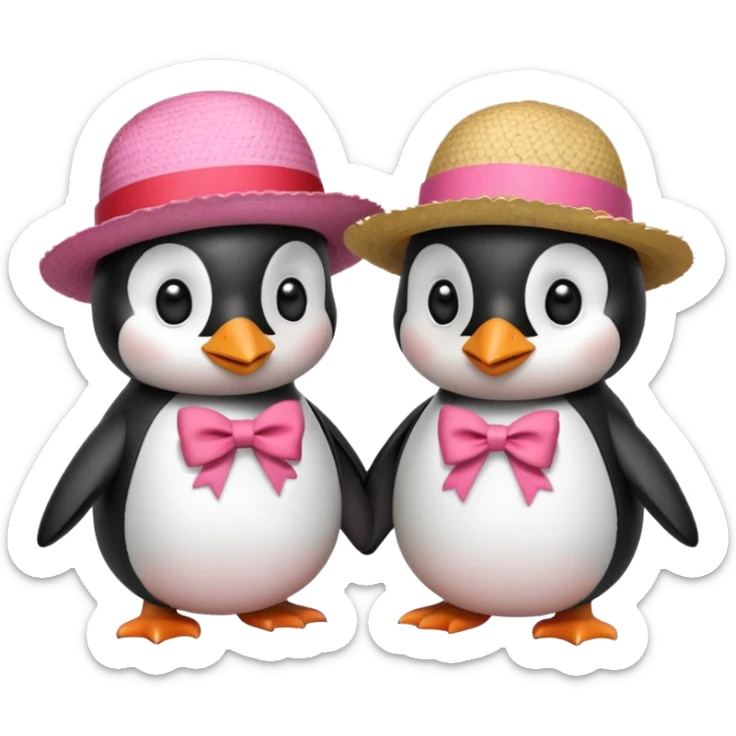 Allora fammi un emoji che rappresenta un pinguino con in testa un fiocco rosa che da la mano a un altro pinguino che in testa ha un cappello di paglia con al centro del cappello una striscia rossa sticker