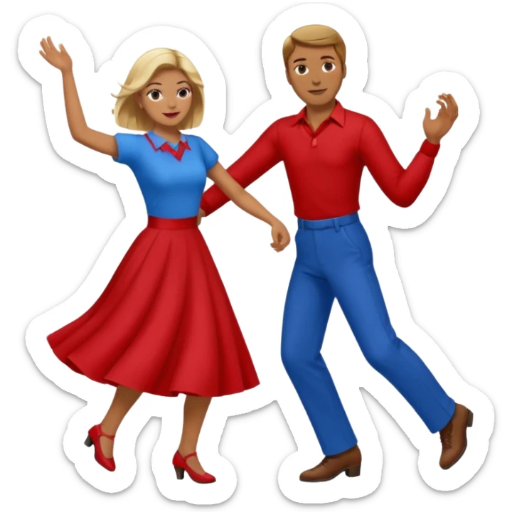 Two people. Man  wearing all red  with brown hair. Women iall blue with blond hair. Swing Dancing.  sticker