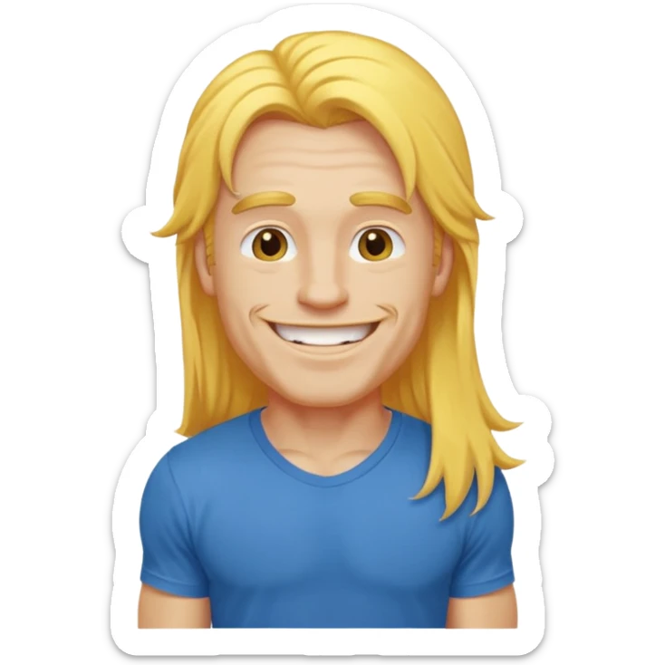 muscled happy guy, long yellow hair, blue t-shirt sticker