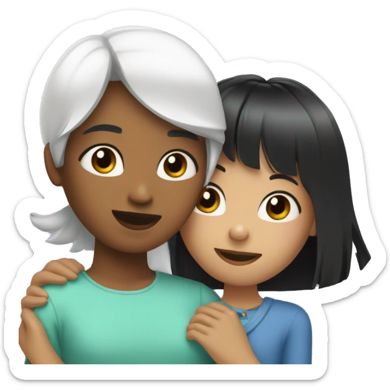 A girl with a square of black hair hugs a girl with bangs and white hair sticker