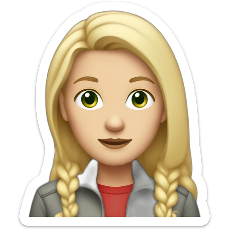 28 old women, white skin, long straight blond hair, green eyes, red shirt in a gray jacket sticker