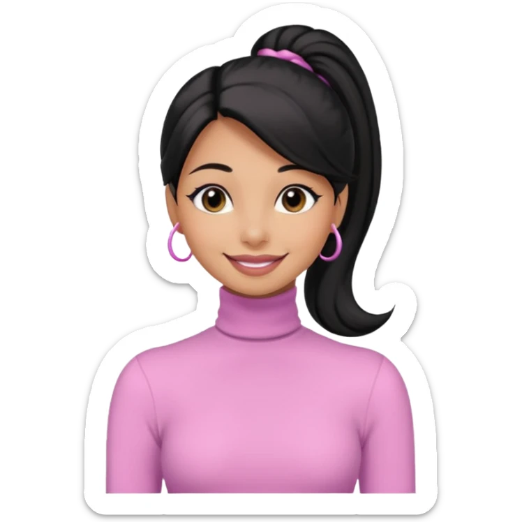 a woman with long sleeve turtle neck top and smile, her hair is long black pony tail, her eyes color are black and the color of her lip is soft pink sticker