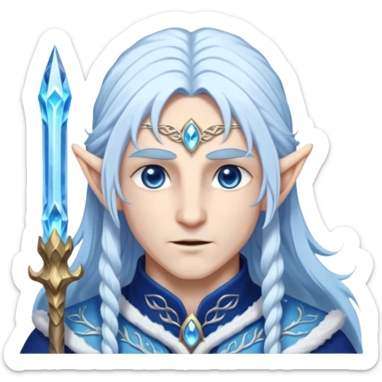 Legendary fantasy Christmas elf portrait icon, Santa Claus and Snow Maiden inspired, ancient winter spirit style, long flowing white-blue hair, glowing frost eyes, crystal staff, elegant elven features, divine winter magic aura, icy silver color palette, highly detailed but clean emoji icon male sticker