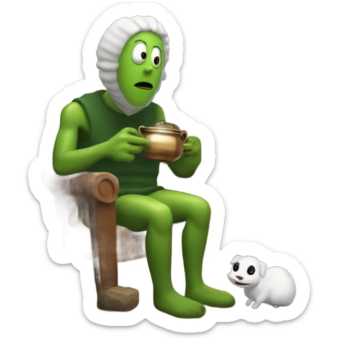 Pickle man in a cabin drinking a pot of goat cheese with his Demonic creature pet warming itself by the fireplace  sticker