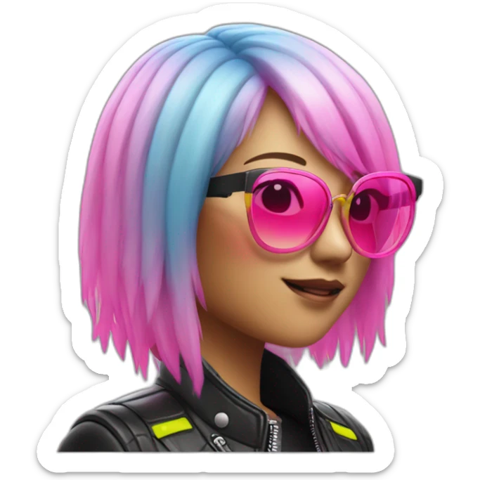 A Japanese woman with Pink hair wearing sunglases with Neon highlights and is also waering a leather jacket sticker