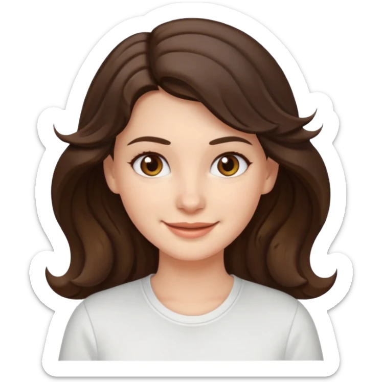 A White girl with wavy and dark hair, light brown eyes and a white shirt smiling sticker