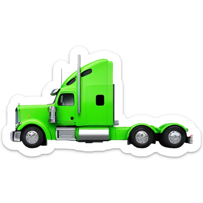neon green peterbilt semi truck lowered on the ground with large chrome wheels and chrome smoke stacks profile view sticker
