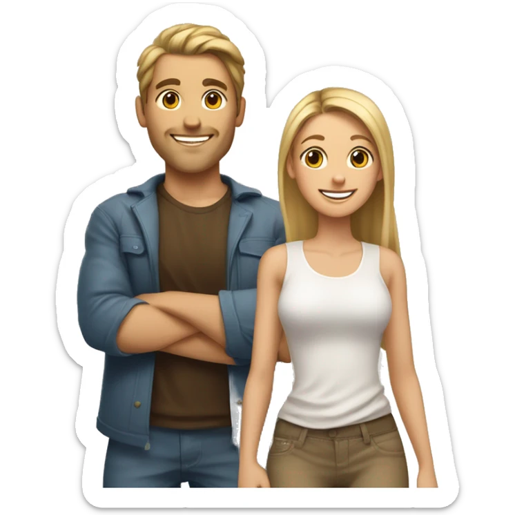 Woman and man smiling, woman has straight Brown hair in a ponytail, slightly sunkissed skin, man has blonde long hair which are in a ponytail, slightly sunkissed skin sticker