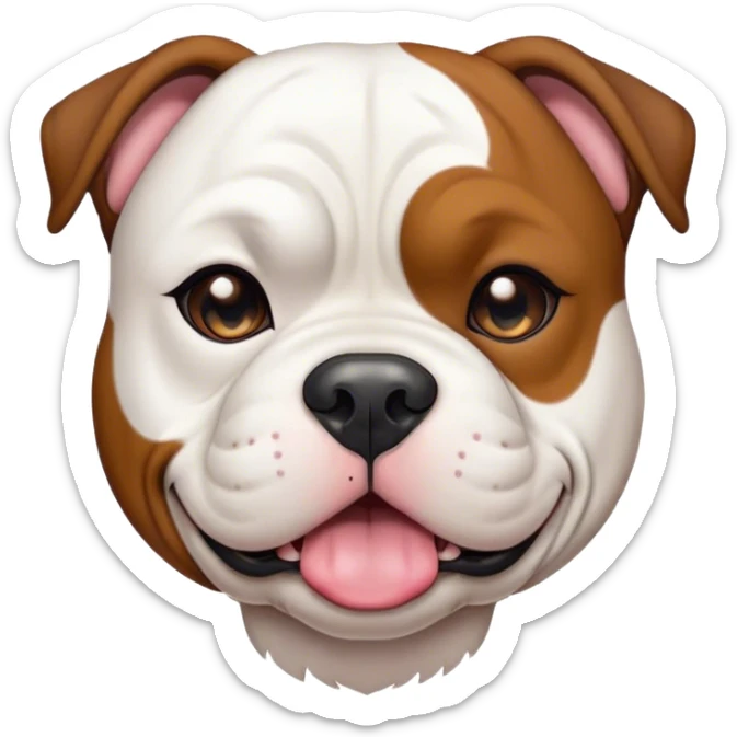 Cinematic Cute Black and White American Bulldog Portrait Emoji, Head tilted playfully and inquisitively, smooth fur with a bold black and white pattern, round, sparkling brown eyes filled with curiosity, Simplified yet irresistibly adorable features, highly detailed, glowing with a warm, friendly glow, high shine, affectionate and lively, stylized with a touch of whimsy, bright and endearing, soft glowing outline, capturing the essence of a mischievous yet loving pup, so playful it feels like it could bound out of the screen and into your arms! sticker