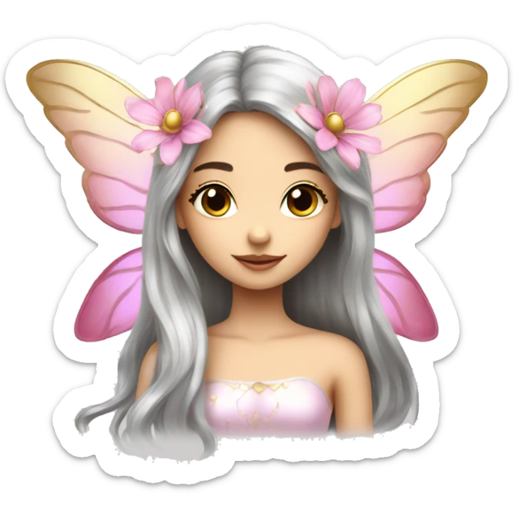 Beautiful, flower, fairy, pink, silver, gold, long hair, big wings, fair skin sticker