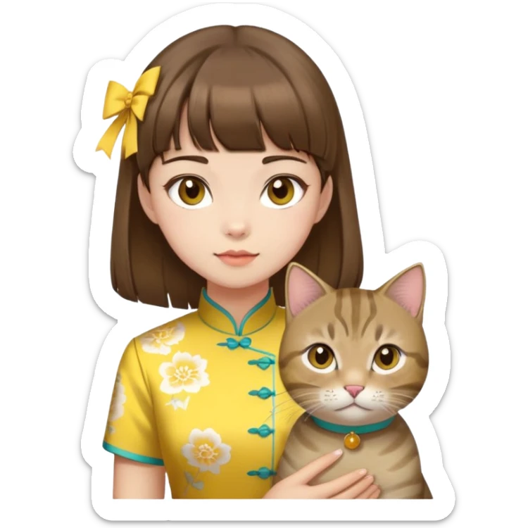 girl with brown hair and bangs wearing yellow qipao with gray tabby cat sticker