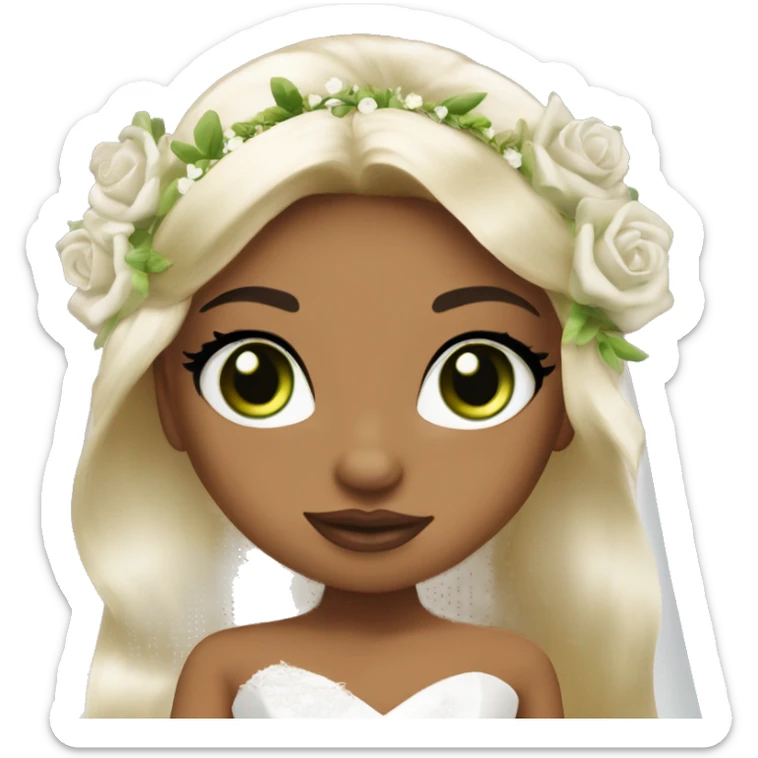 Bratz, bride, black half up half down hair, olive skin, green almond cat eyes sticker